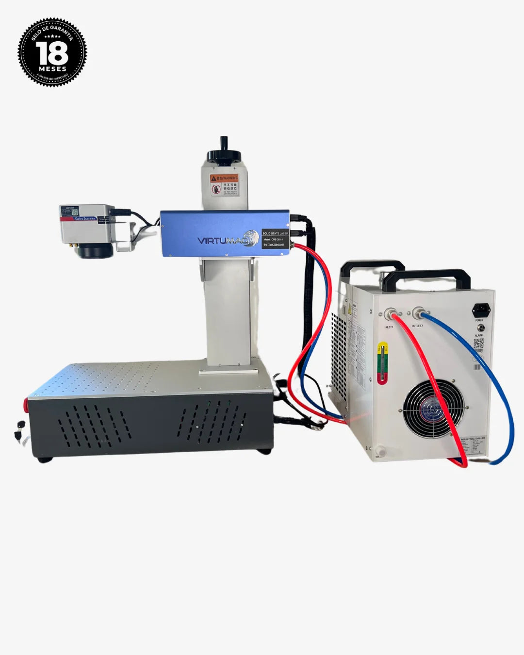 Máquina laser UV Virtumaq vista lateral com cabeçote e chiller